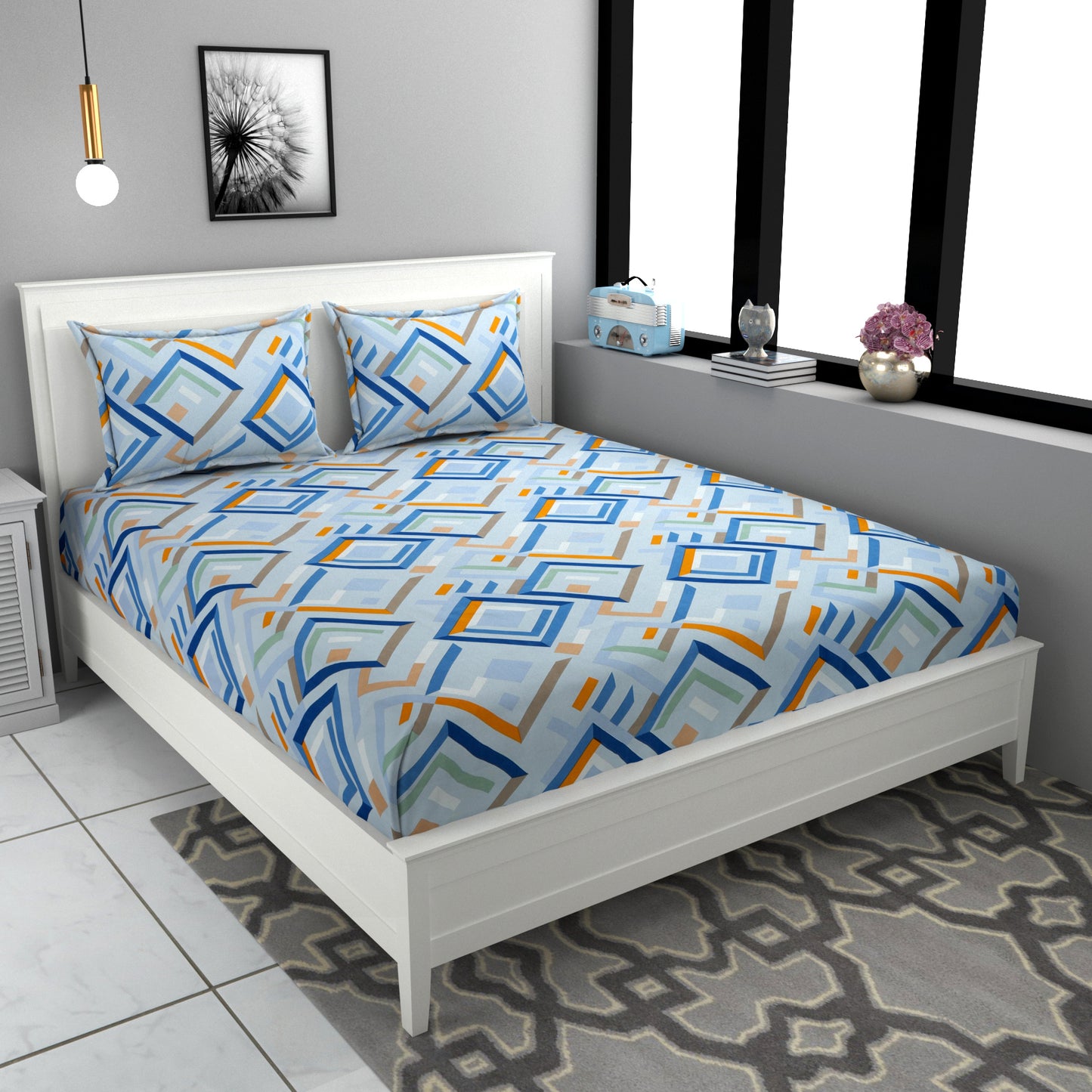 Blue Bell Blue Geometrical Queen Size Double Bedsheet Set by Arka Décor