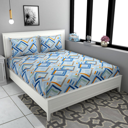 Blue Bell Blue Geometrical Queen Size Double Bedsheet Set by Arka Décor