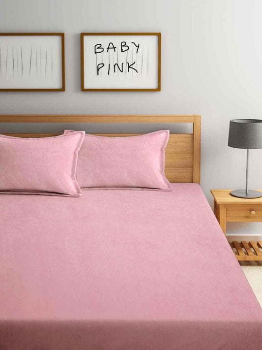 Plain Baby Pink Solid Fitted Bedsheet by Arka Décor