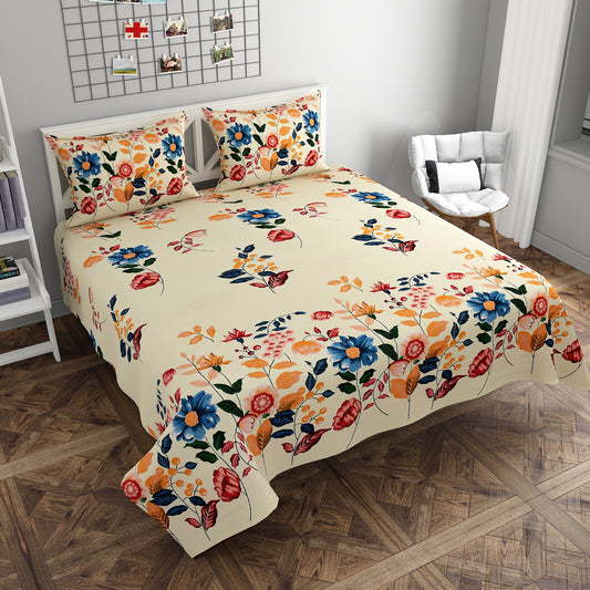 Sunshine Beige Floral Printed Queen Size Double Bedsheet Set by Arka Décor