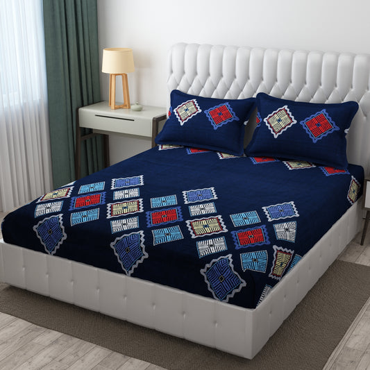 Dark Blue Geometric Elite King Size Double Bedsheet Set by Arka Décor