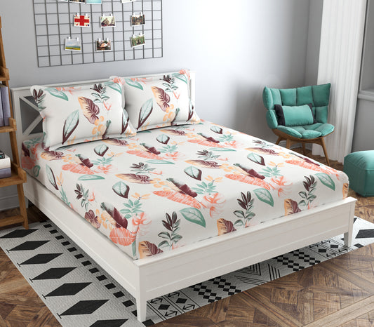 Sunshine White Floral Leafy Pattern Queen Size Double Bedsheet Set by Arka Décor