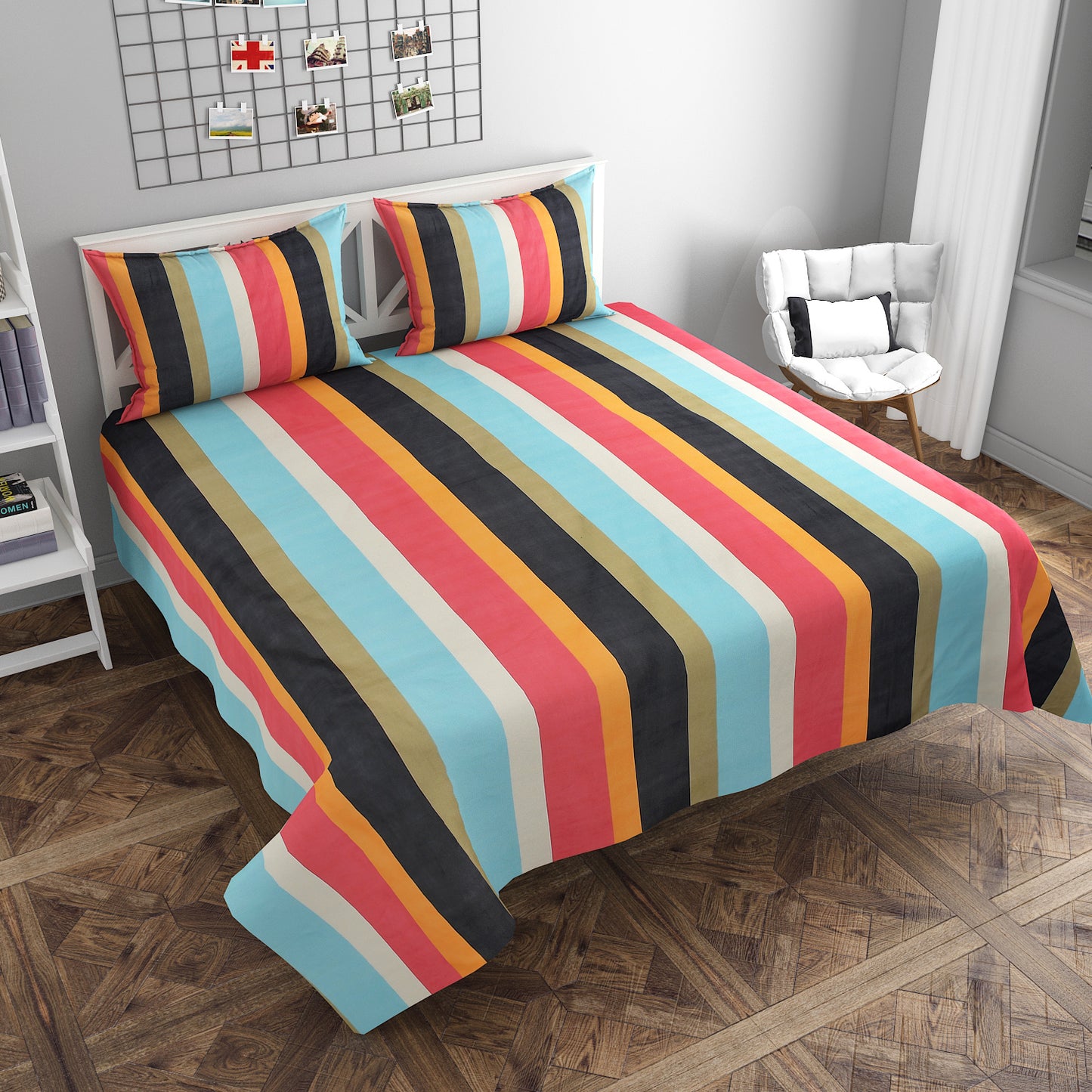 Multi-Coloured Stripe Elite King Size Double Bedsheet Set by Arka Décor