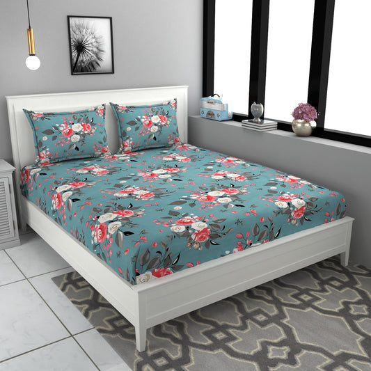 Varca Sea Green Floral Fitted Double Bedsheet Set by Arka Décor