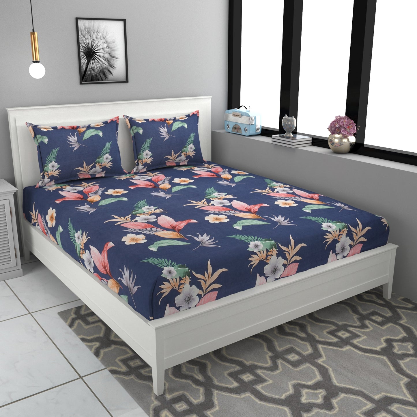 Varca Dark Blue Floral Fitted Double Bedsheet Set by Arka Décor