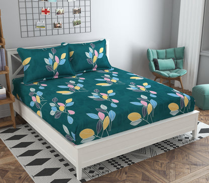 Varca Green Leafy Floral Fitted Double Bedsheet Set by Arka Décor