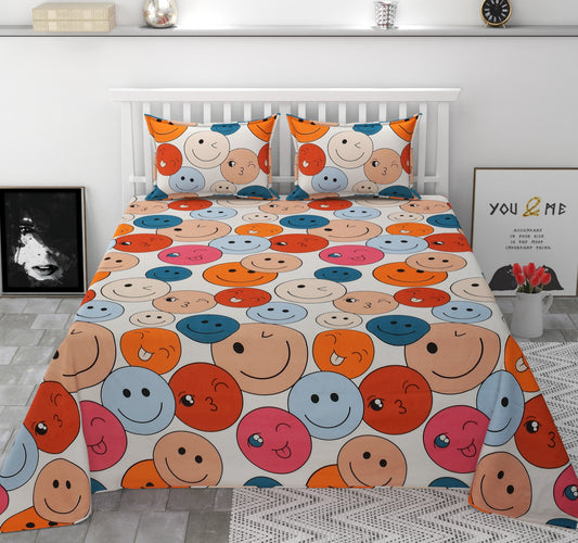 Sunshine Multi Coloured Smiley Printed Queen Size Double Bedsheet Set by Arka Décor