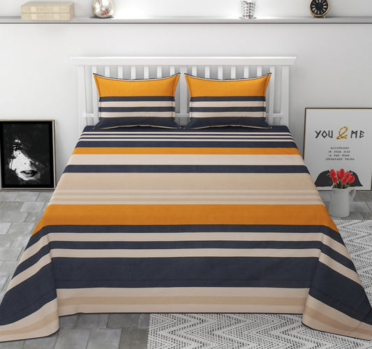 Orange and Beige Stripe Elite King Size Double Bedsheet Set by Arka Décor