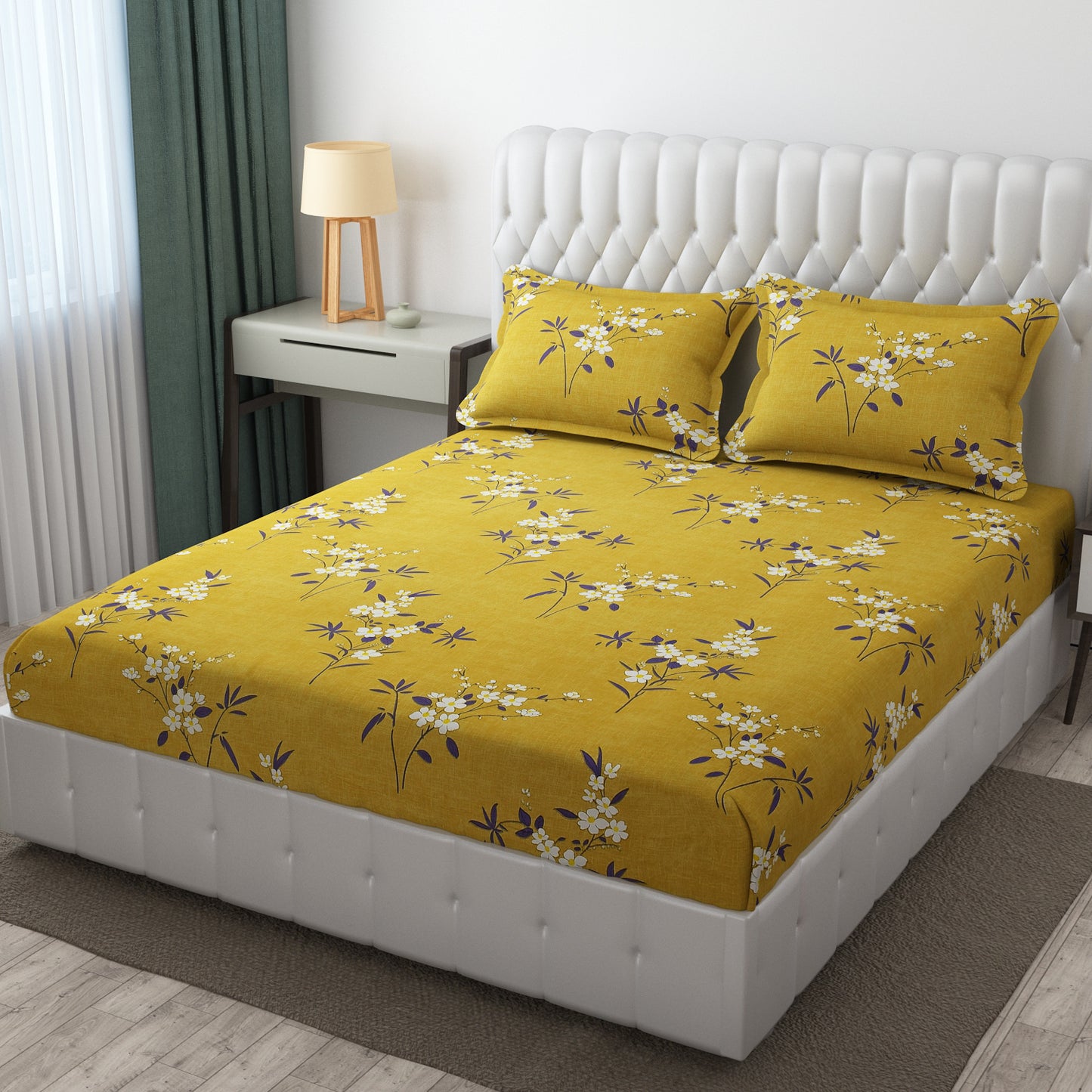 Mustard Floral Elite King Size Double Bedsheet Set by Arka Décor