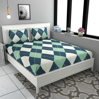 Blue & White Geometrical Elite King Size Double Bedsheet Set by Arka Décor