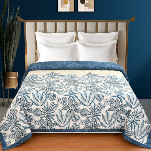 Ultrasonic Beige Blue Floral Printed Queen Size Comforter