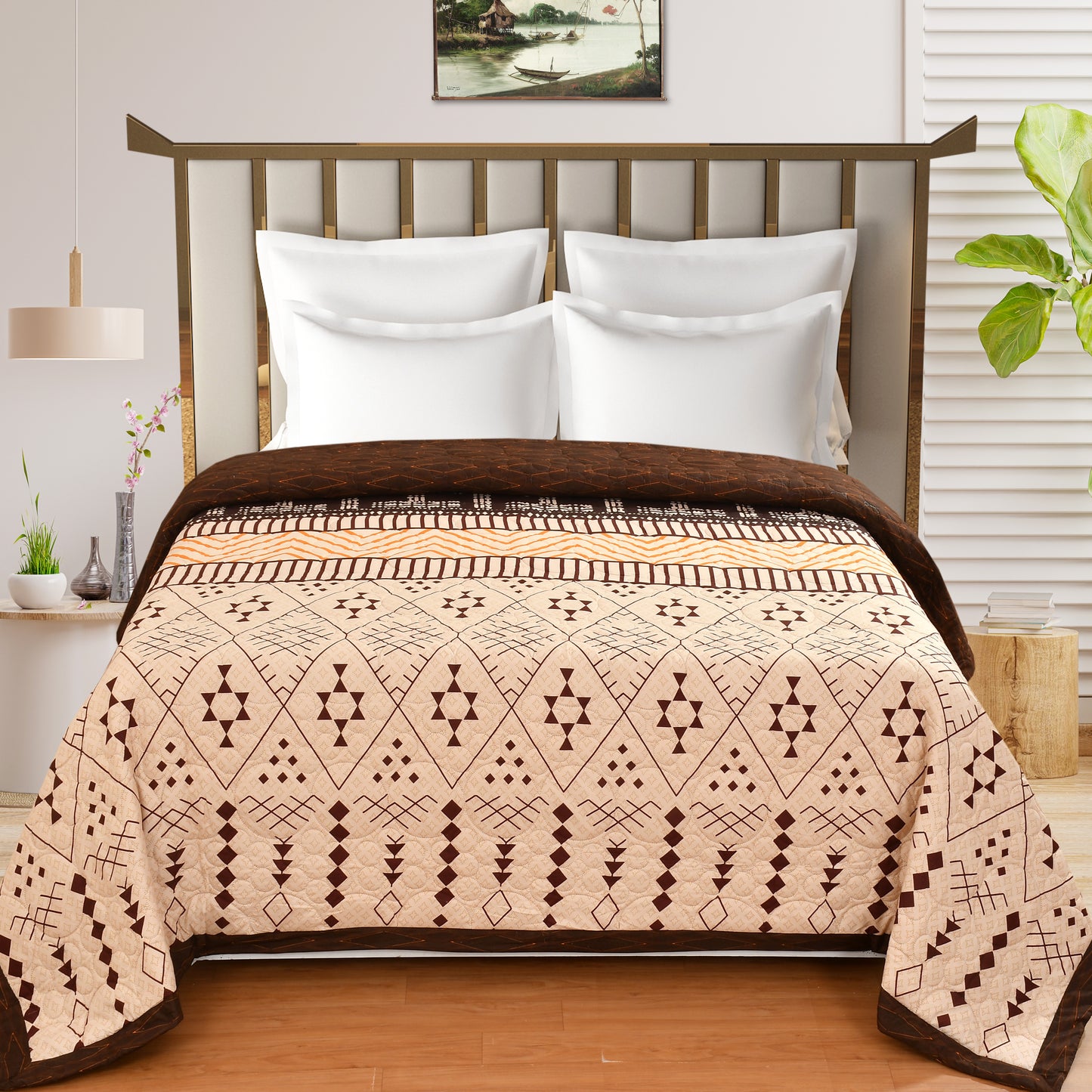 Ultrasonic Light Brown Printed Queen Size Comforter