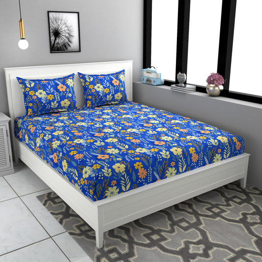 Marine Blue Floral Elite King Size Double Bedsheet Set by Arka Décor