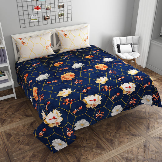 Mix and Match Dark Blue Floral King Size Bedsheet Set