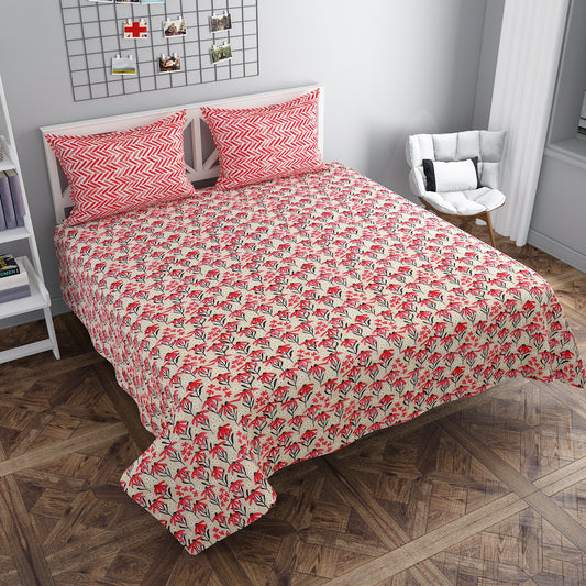 Red & White Floral Elite King Size Double Bedsheet Set by Arka Décor