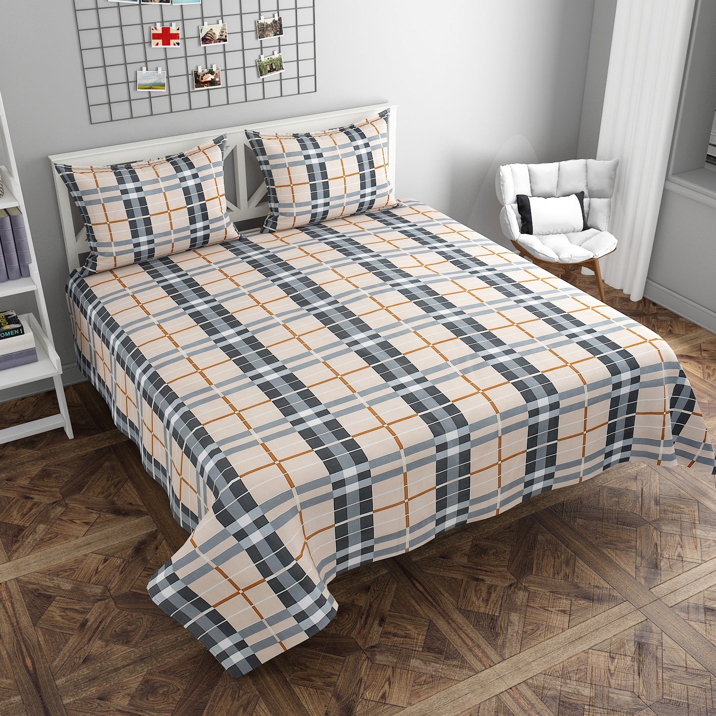 Blue Bell Beige and Grey Geometrical Queen Size Double Bedsheet Set by Arka Décor