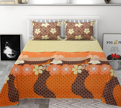 Mix and Match Bright Orange & Brown Geometric Floral King Size Bedsheet Set