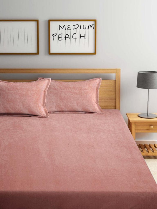 Plain Solid Peach Fitted Bedsheet by Arka Décor