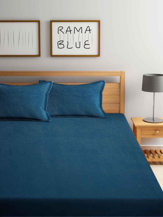 Plain Solid Blue Fitted Bedsheet by Arka Décor