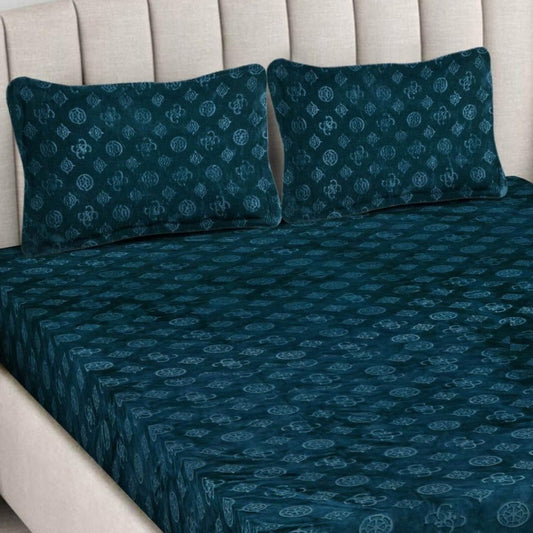 Emboss Teal Printed Queen Size Fitted Bedsheet by Arka Décor