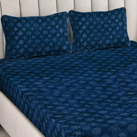 Emboss Dark Blue Printed Queen Size Fitted Bedsheet by Arka Décor