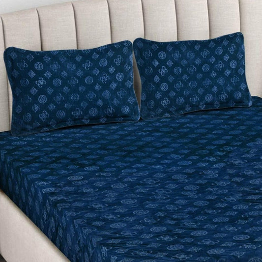 Emboss Navy Blue Printed Queen Size Fitted Bedsheet by Arka Décor