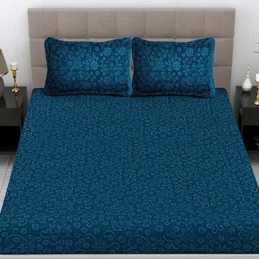 Emboss Peacock Blue Queen Size Fitted Bedsheet by Arka Décor