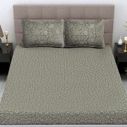 Emboss Grey Printed Queen Size Fitted Bedsheet by Arka Décor