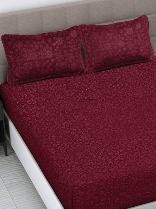 Emboss Reddish Maroon Printed Queen Size Fitted Bedsheet by Arka Décor