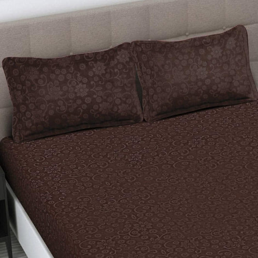 Emboss Brown Printed Queen Size Fitted Bedsheet by Arka Décor