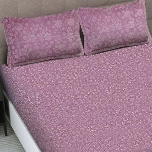 Emboss Baby Pink Printed Queen Size Fitted Bedsheet by Arka Décor