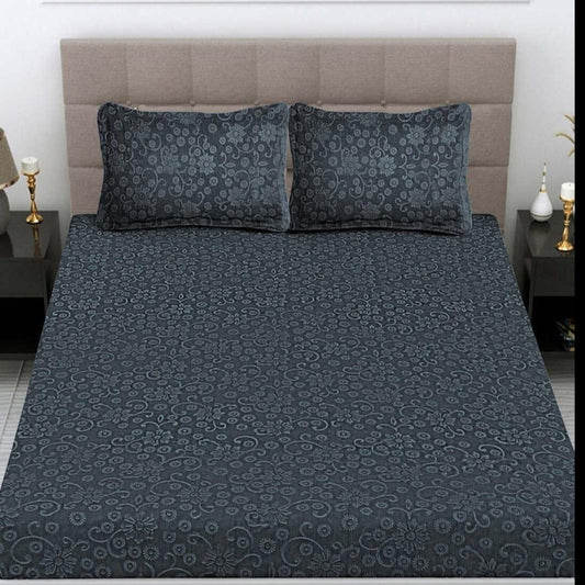 Emboss Dark Grey Printed Queen Size Fitted Bedsheet by Arka Décor