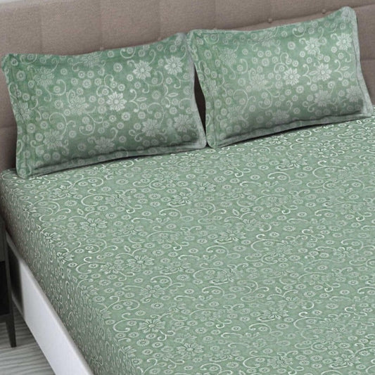 Emboss Green Printed Queen Size Fitted Bedsheet by Arka Décor