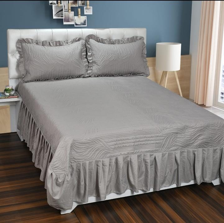 Plain Grey Queen Size Bedspread With Long Frills by Arka Décor