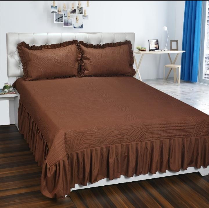 Plain Brown Queen Size Bedspread With Long Frills by Arka Décor