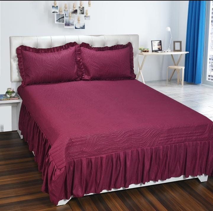 Plain Maroon Queen Size Bedspread With Long Frills by Arka Décor