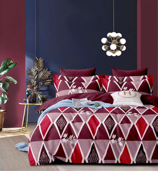 Varca Shades of Red Geometric Queen Size Fitted Double Bedsheet Set by Arka Décor