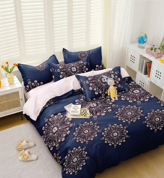 Sunshine Dark Blue Floral Motif Design Queen Size Double Bedsheet Set by Arka Décor