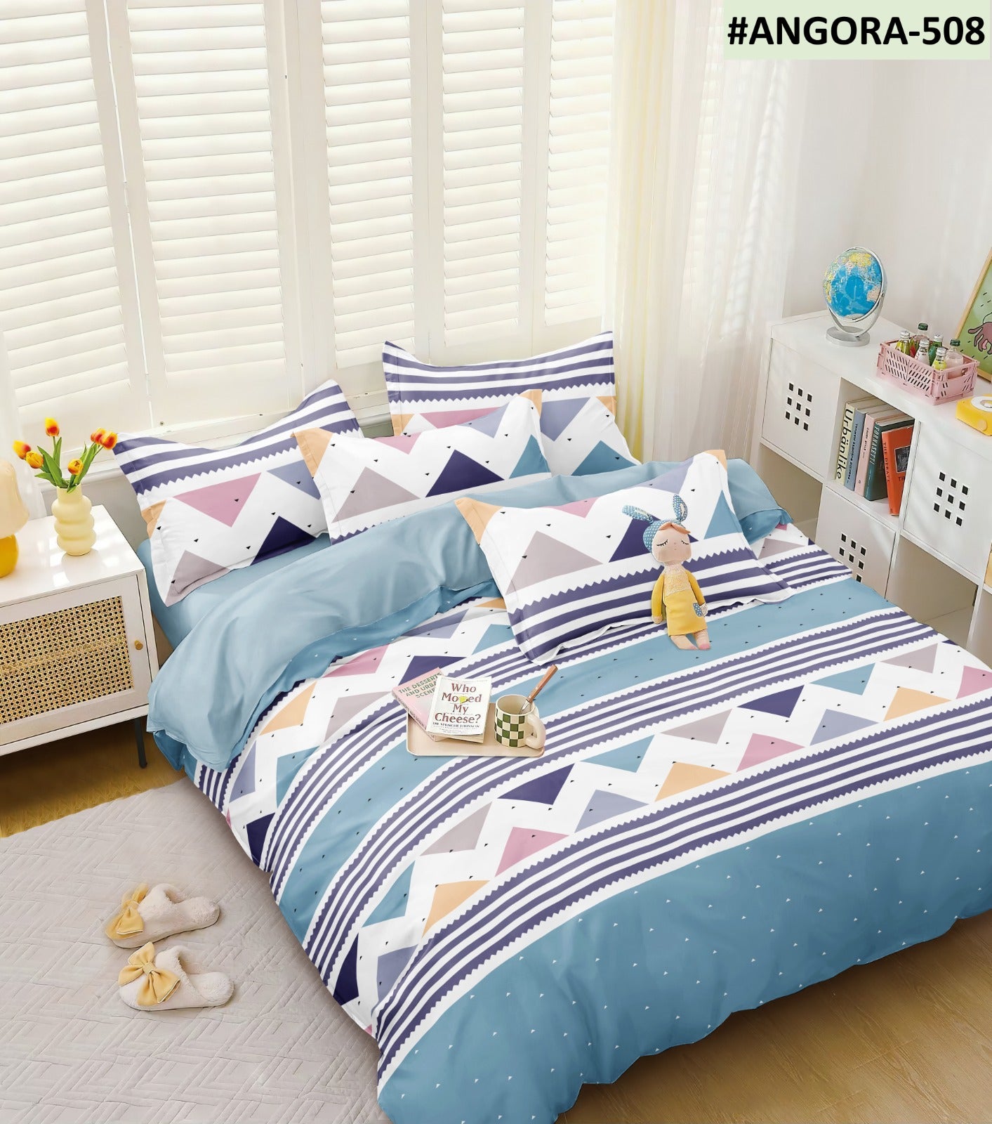 Sunshine Light Blue Geometric Queen Size Double Bedsheet Set by Arka Décor