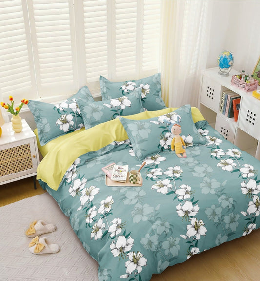 Sunshine Teal Blue Floral Queen Size Double Bedsheet Set by Arka Décor