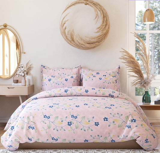 Blue Bell Pink Floral Queen Size Double Bedsheet Set by Arka Décor